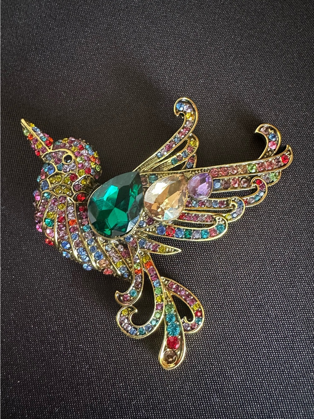 Multicolor rhinestone hummingbird bird brooch